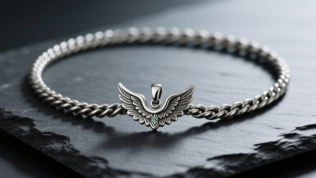 Heavy 5mm oxidized sterling silver rope chain on dark slate, featuring a detailed cast angel wing pendant in soft light.