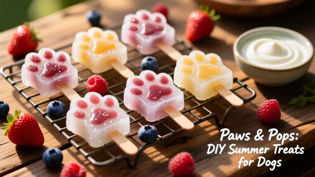 Assortment of finished paw-psicles arranged on a cooling rack beside fresh berries and yogurt