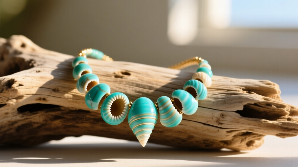 Turquoise puka shell necklace resting on driftwood, highlighting natural stone matrix and organic cone shell holes in sunlight