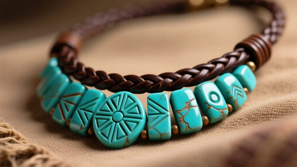 Close-up of a screen-accurate Disney Pocahontas necklace replica featuring carved stabilized turquoise beads on braided leather