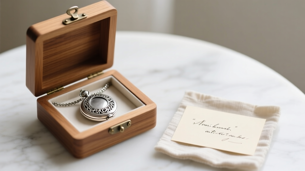 Wooden box with anti-tarnish cloth holding a restored sterling silver locket necklace beside a small handwritten paper gift note