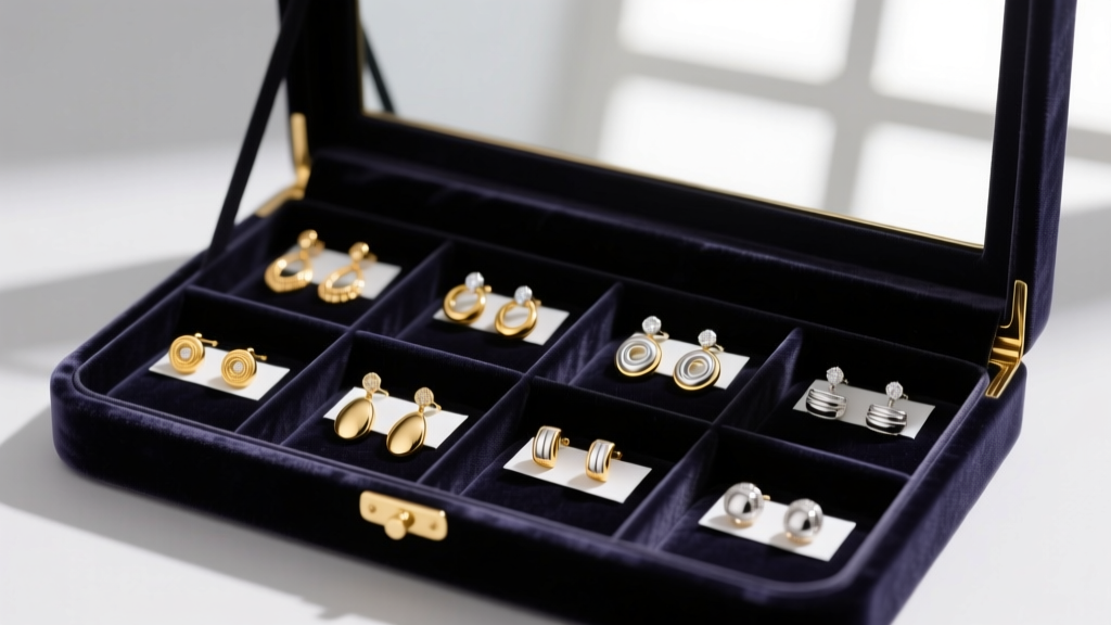 Open velvet jewelry box showing gold and silver earrings stored in separate compartments with anti-tarnish paper strips inside.
