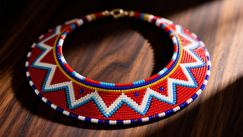 Vibrant Maasai beadwork collar necklace on dark wood, featuring intricate red, white, and blue geometric glass bead patterns.