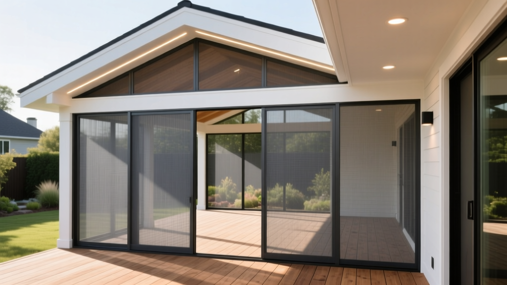 Aluminum framed screened porch with charcoal fiberglass mesh on a cedar deck, featuring a gable roof tie-in and recessed lighting