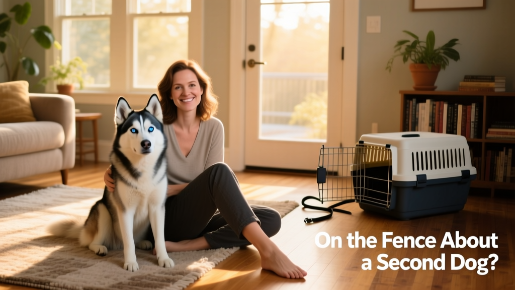 Julie and her Husky Zero sitting together on a sunlit living room floor, both looking warmly toward the camera