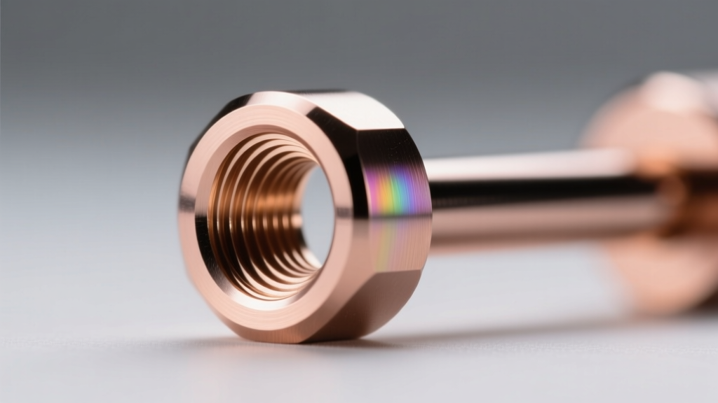 Macro shot of an anodized rose-gold titanium internally threaded barbell end showing a flawless mirror finish and precise threads.