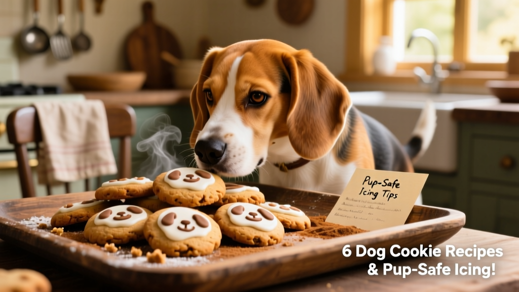 Beagle sniffing freshly baked dog cookies on a rustic wooden tray