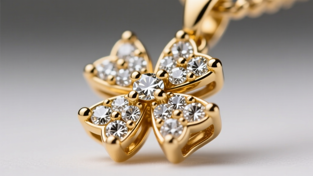 Microscope view of micro-pavé diamond setting on a gold clover pendant showing precise 0.8mm metal beads securing the melee stones
