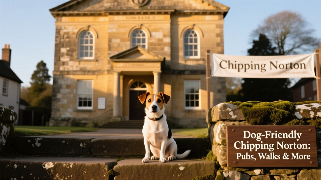 Chipping Norton’s historic Town Hall building with a small dog sitting on the stone steps nearby