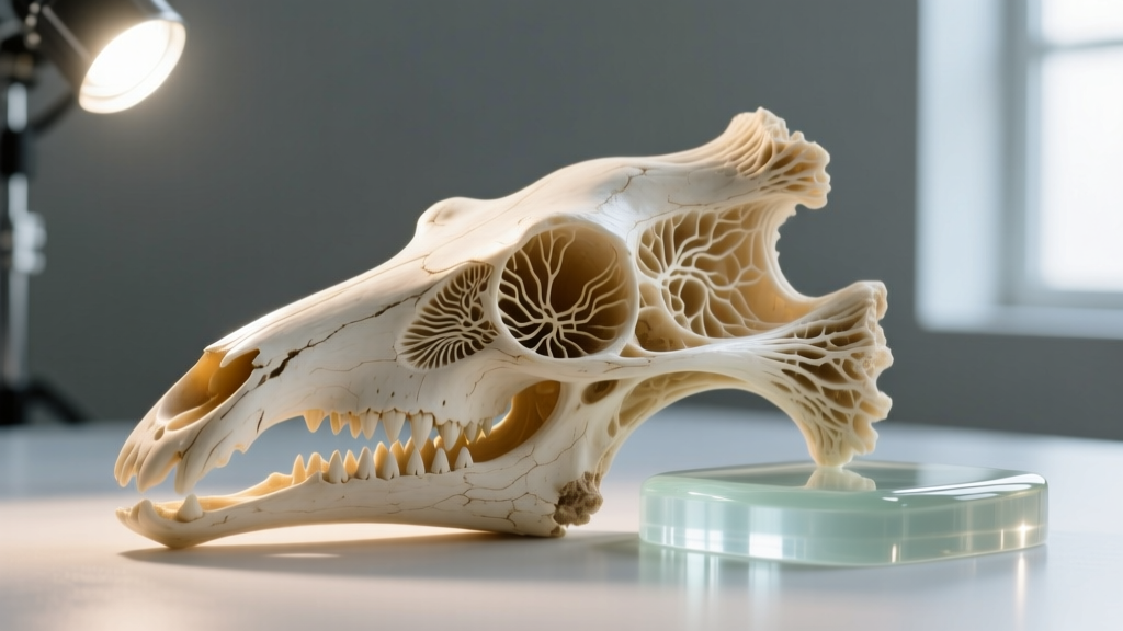 Close-up of carved bone showing porous Haversian canals next to smooth resin, illuminated by a bright jeweler