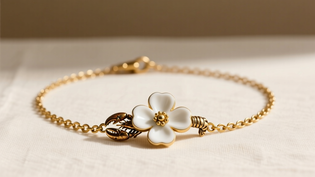 Flat lay of a vintage J.Crew white flower necklace showing the lobster clasp, extender chain, and subtle patina on gold hardware