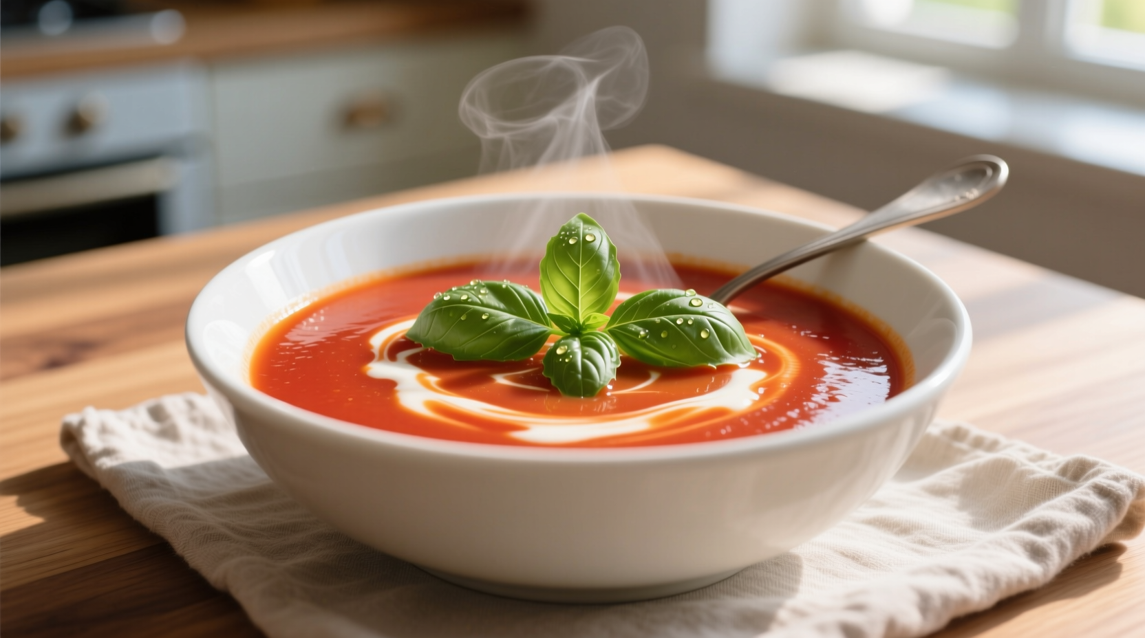 Creamy tomato soup in white bowl with fresh basil garnish