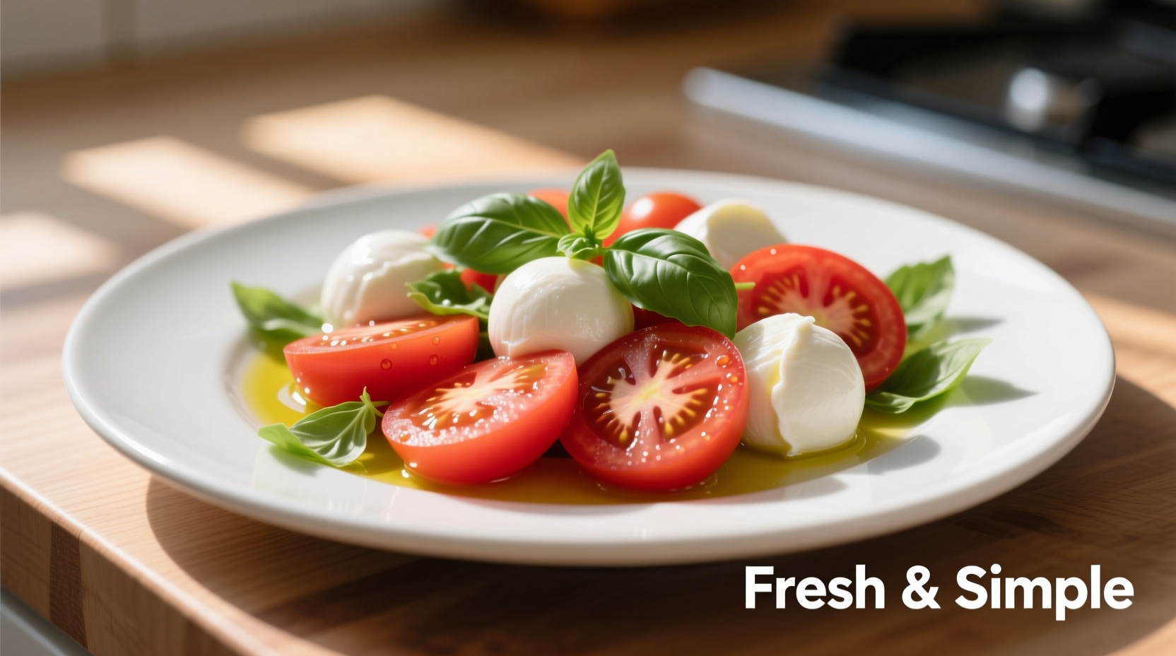 Fresh tomato mozzarella salad on white plate