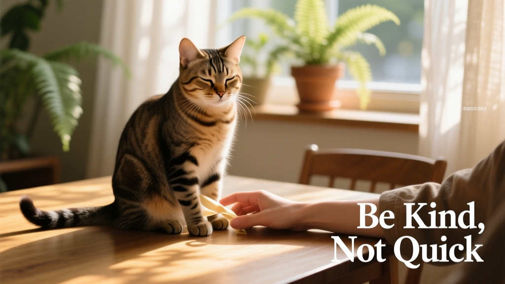 A relaxed cat sitting calmly beside a person’s hand, tail gently curled, eyes half-lidded