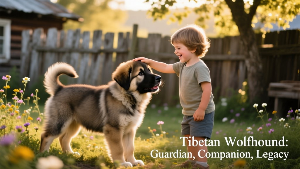 A Tibetan Wolfhound puppy playing gently with a child in a sunlit backyard, highlighting its friendly expression and sturdy build