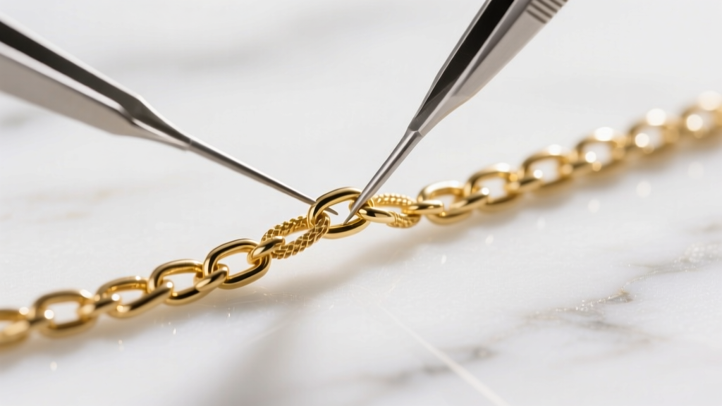Macro view of a delicate gold-filled chain untangled using a fine needle on white marble under bright, soft studio lighting.