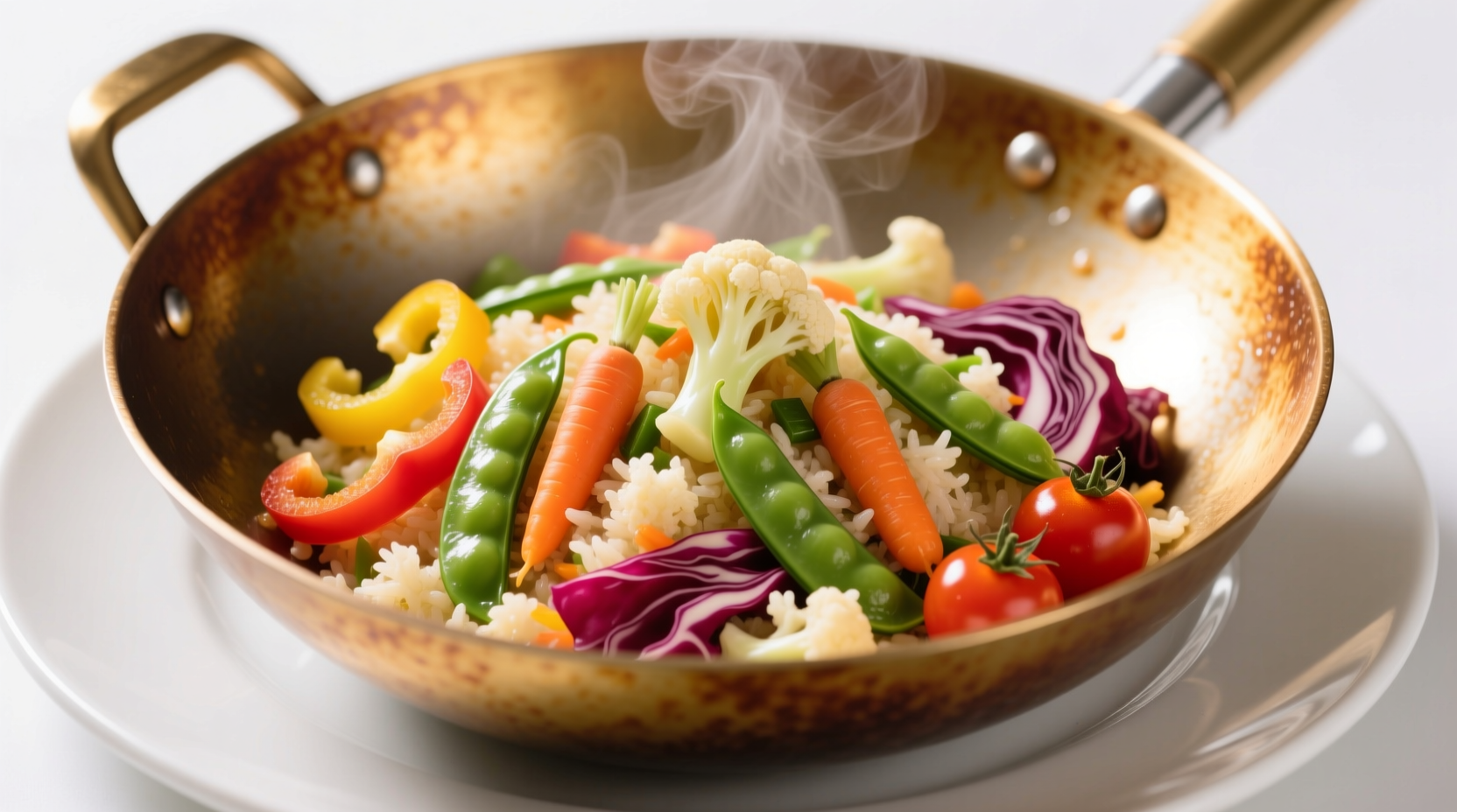 Fresh cauliflower rice stir fry with colorful vegetables