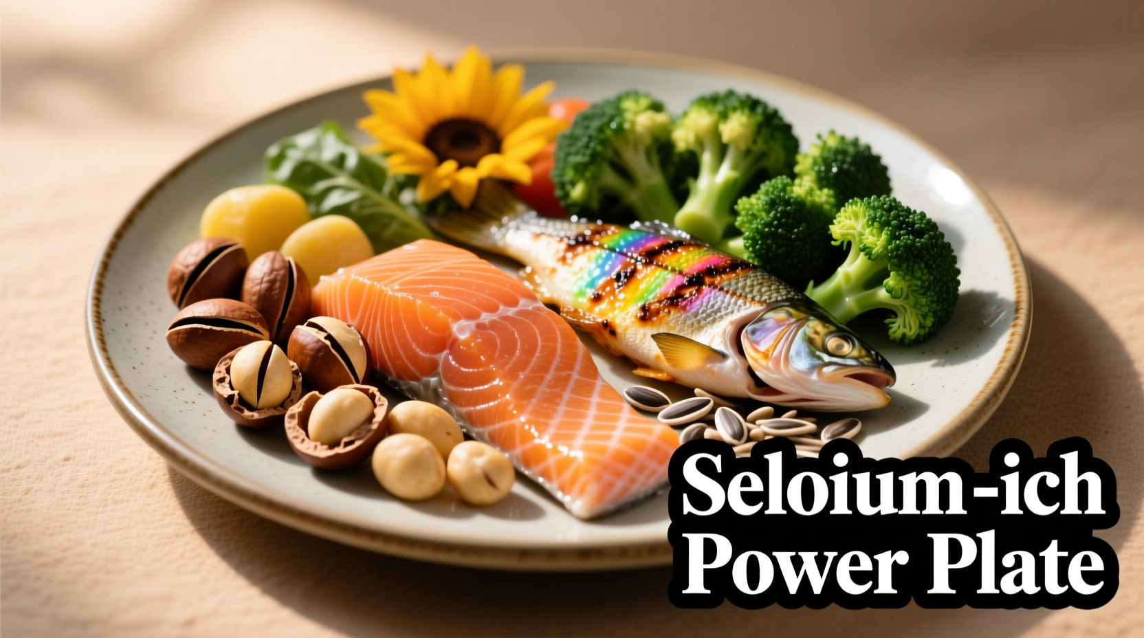 Colorful plate of selenium-rich foods including Brazil nuts and fish