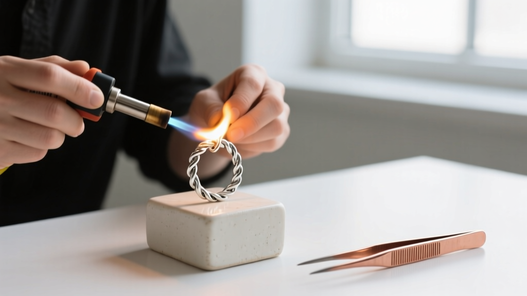 Jeweler using a butane micro-torch to solder a sterling silver jump ring on a ceramic block with copper tweezers nearby