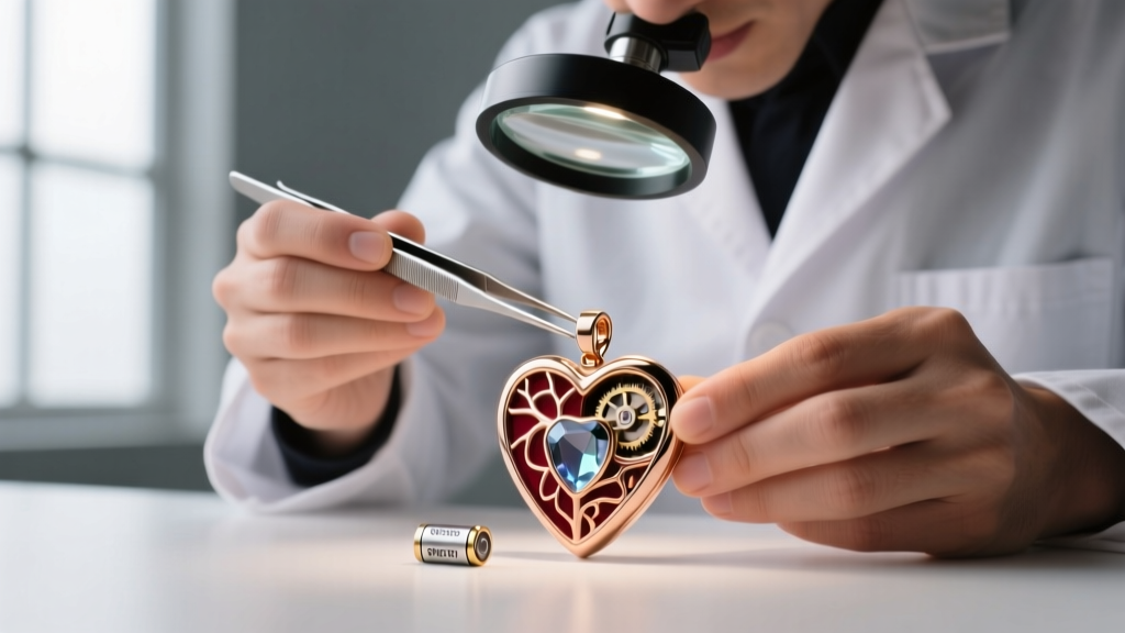 Jeweler using precision tweezers to insert a tiny SR626SW battery into the hidden compartment of a mechanical heart pendant.