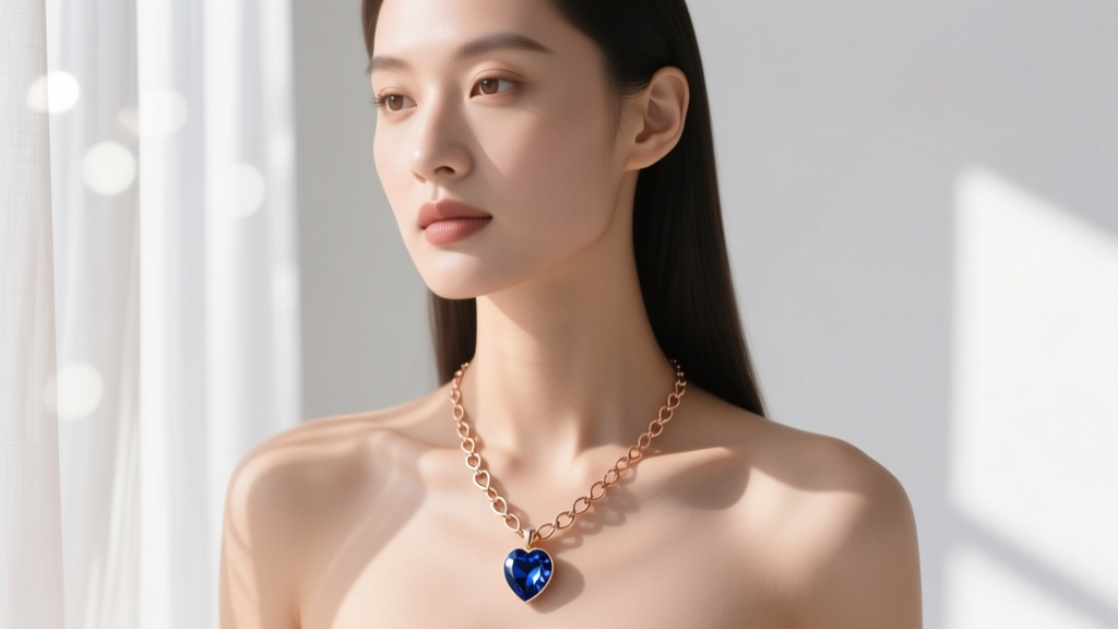 Woman wearing a 16-inch rose gold heart link chain necklace with a sapphire pendant, illuminated by warm, soft natural sunlight.