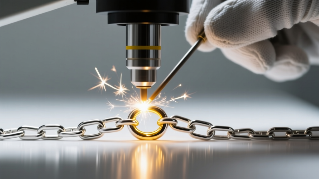 Jeweler using a laser welder to fuse a platinum chain link, viewed through a microscope under bright, focused studio lighting.