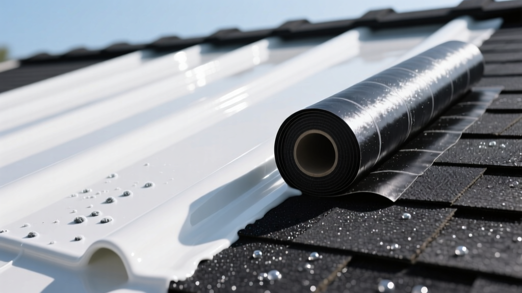 Close-up of low-slope roof with white liquid silicone roll-on coating next to black mineral-surfaced modified bitumen rolls.