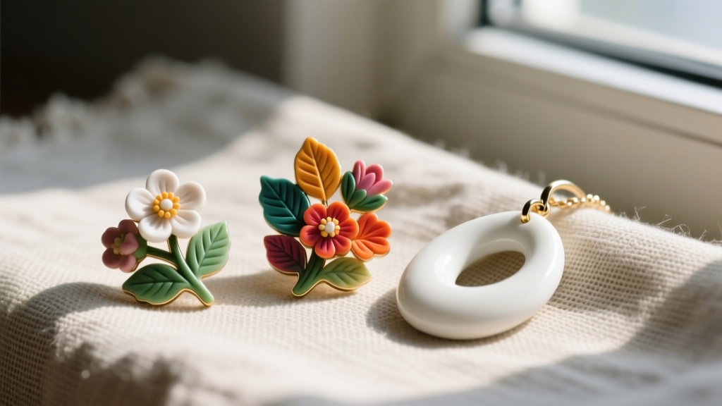 Colorful polymer clay botanical studs and white ceramic dangles resting side-by-side on linen in soft window light