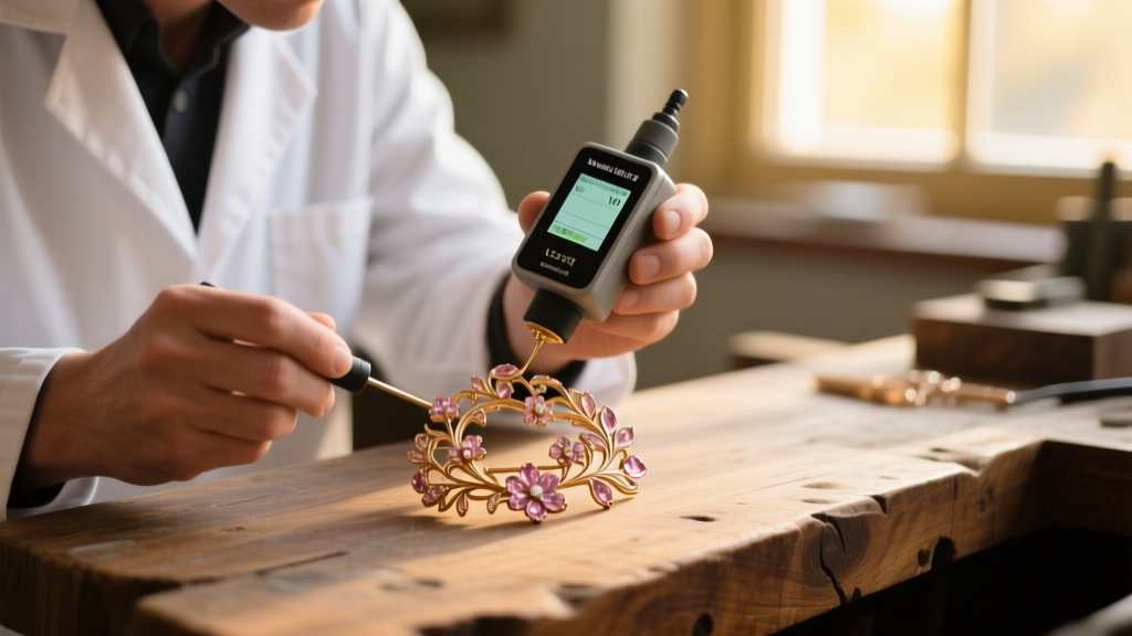 Jeweler using a handheld XRF spectrometer to test the karat purity of a vintage 14k rose gold estate brooch on a wood workbench