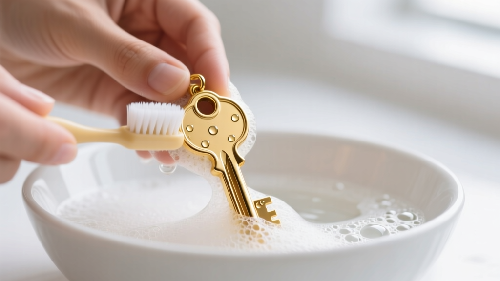 Hands gently scrubbing the teeth of a gold key pendant with a soft baby toothbrush and soapy suds in a white ceramic bowl