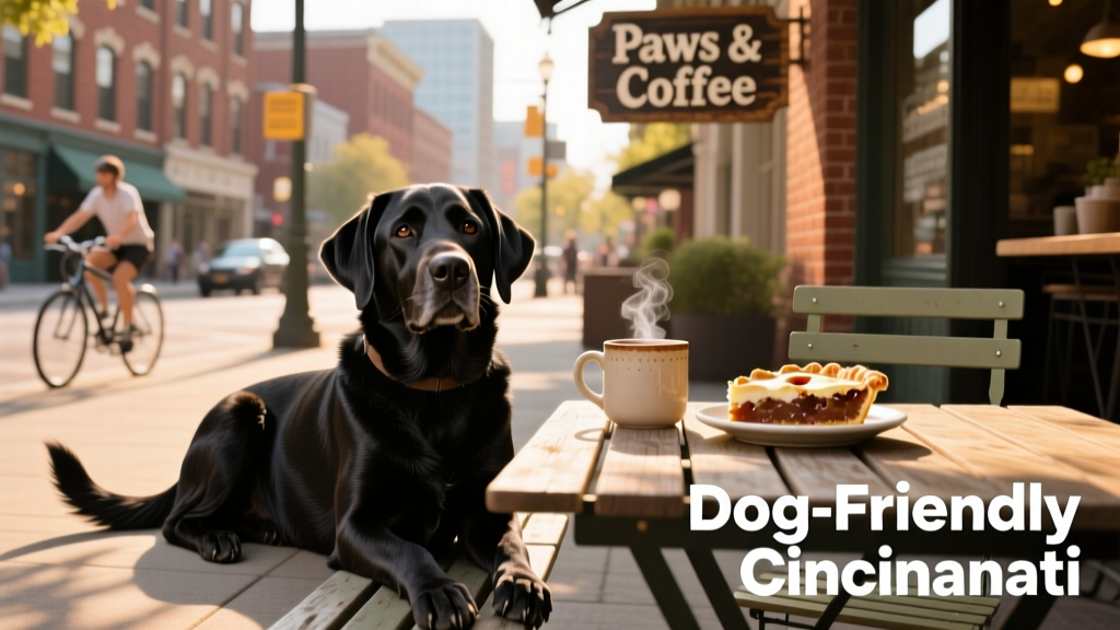 A friendly Labrador resting beside a chair at an outdoor cafe table in downtown Cincinnati