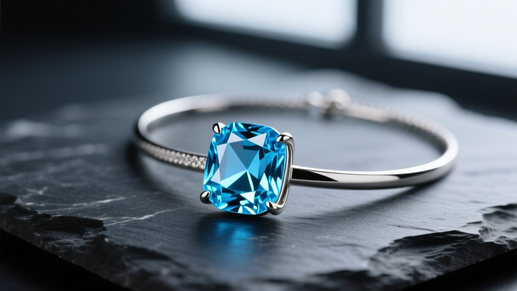 Macro shot of a light blue necklace with an emerald-cut aquamarine pendant in 18k white gold, resting on a dark slate surface.