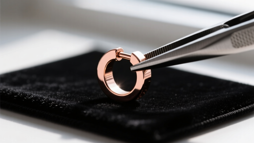 Macro shot of a rose gold threadless cartilage earring with a bent titanium pin being adjusted with pliers on a dark velvet mat
