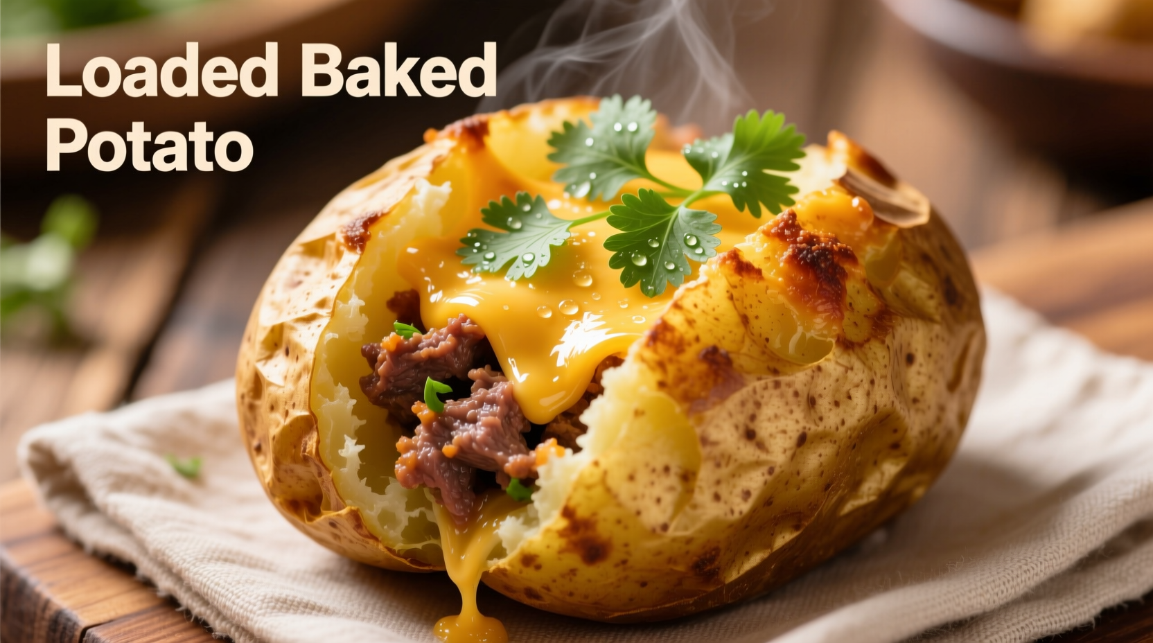 Golden baked potato topped with seasoned beef, melted cheese, and fresh cilantro