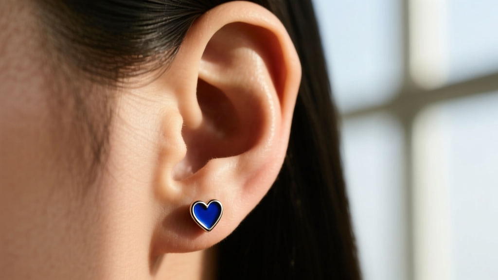 Close-up of an ear wearing a 16g titanium flat stud with a cobalt blue enamel heart, contrasting against warm olive skin tones