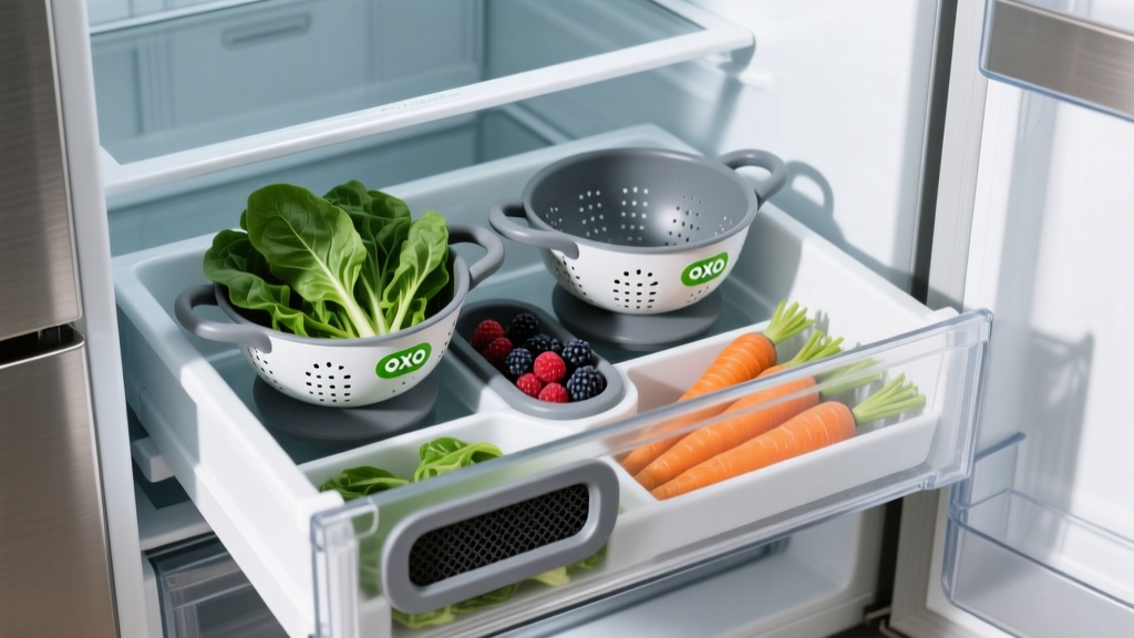 Inside refrigerator crisper drawer showing OXO GreenSaver produce keepers with elevated colanders and activated carbon filter inserts