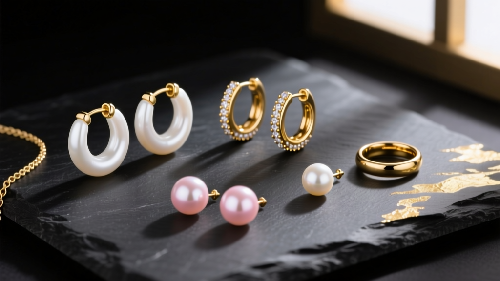Flat lay of pearl hoops, huggies, and stud earrings on a dark slate surface with warm gold accents and soft directional shadows
