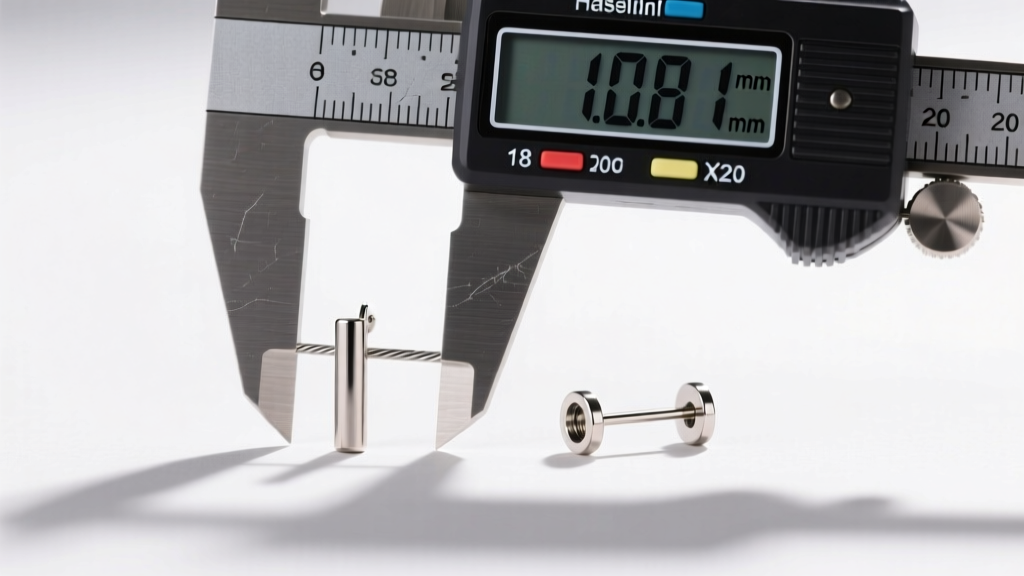 Side profile of 20-gauge and 18-gauge titanium earring posts, with a digital caliper measuring the exact wire thickness