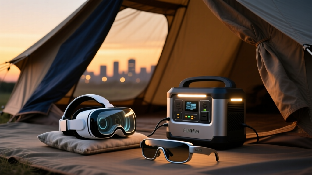 A rugged portable power station charging a VR headset and AR glasses inside a dimly lit canvas glamping tent at dusk