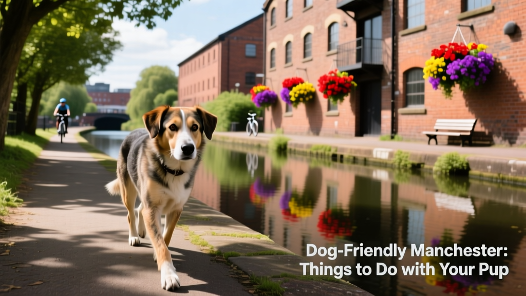 A mixed-breed dog walking along a tree-lined canal path in Ancoats, with brick warehouses and hanging flower baskets in the background