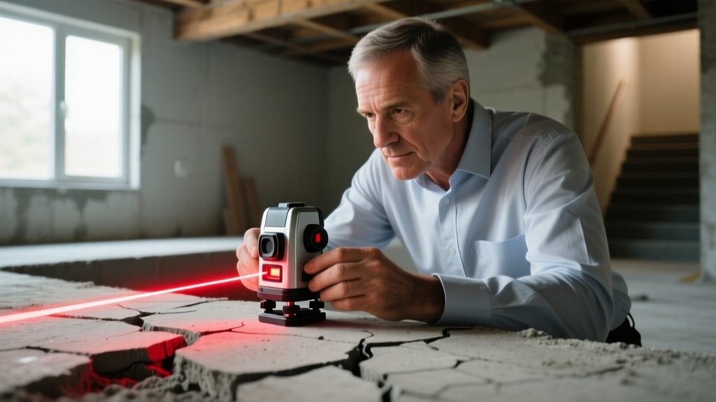 Close-up of a structural engineer using a digital laser level to measure floor slope differential on a cracked concrete slab foundation in a residential home
