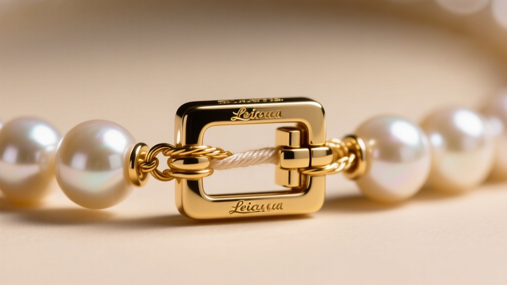 Extreme close-up of a pearl necklace clasp showing delicate gold French wire protecting the silk thread and a secure 14k box clasp.