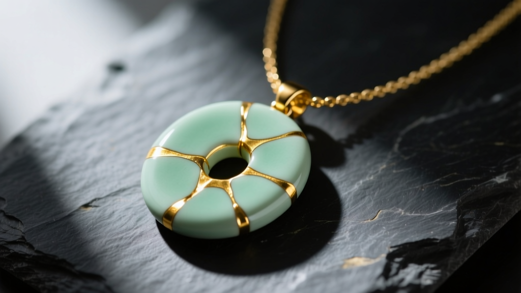 Close-up of a kintsugi necklace featuring a fractured celadon pendant repaired with gold urushi lacquer on dark slate.