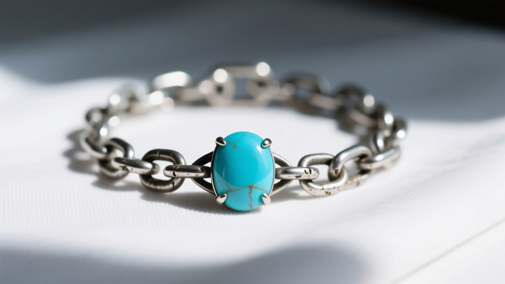 Silver chain showing wear near the clasp, beside a polished blue turquoise cabochon resting on soft linen cloth in daylight.