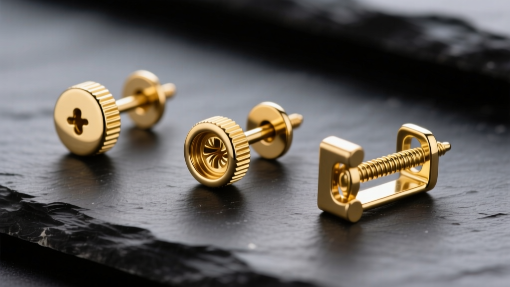 Macro shot of male gold earring backings on dark slate: a friction post, a threaded screw-back, and a hinged segment clicker.