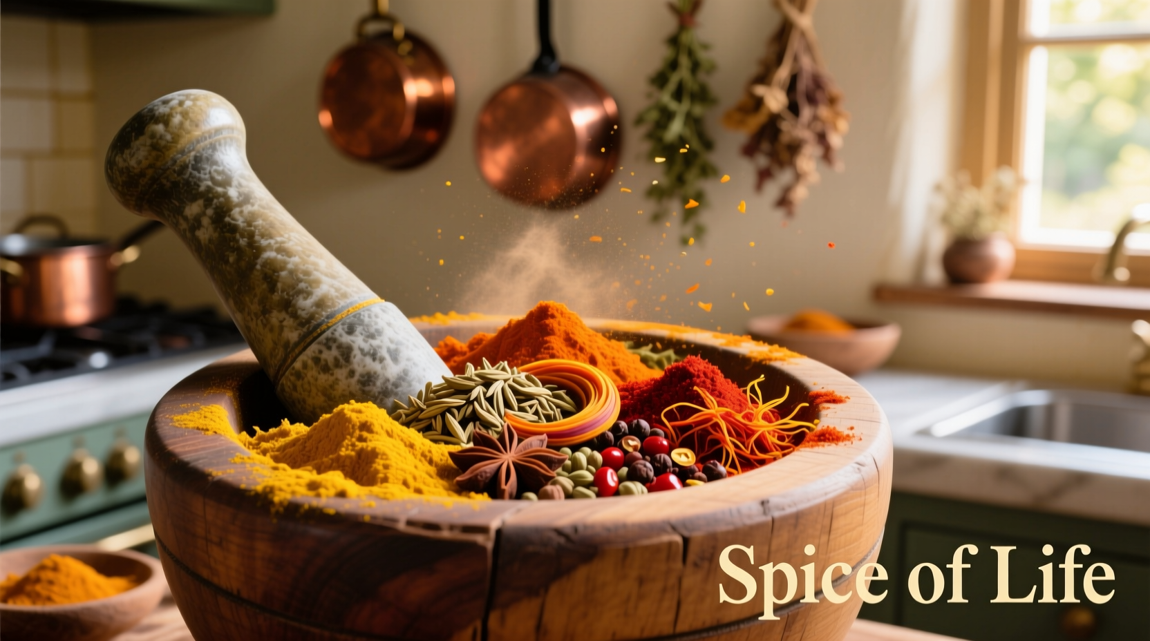 Colorful spice blend in mortar and pestle