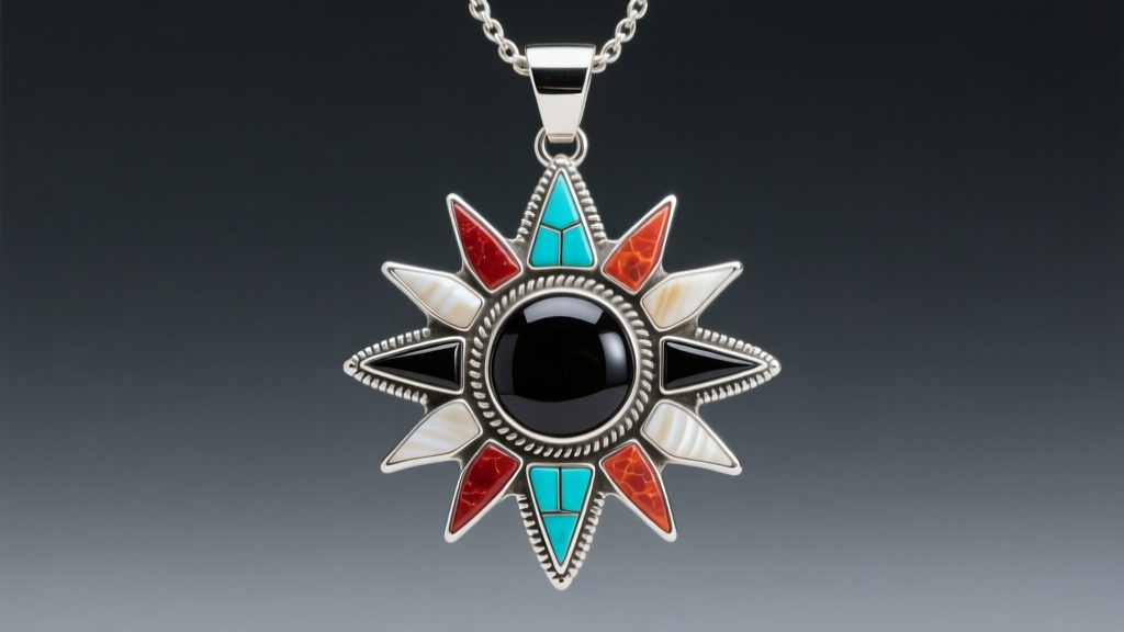 Close-up of a Zuni sunface necklace pendant with turquoise, coral, jet, and shell channel inlay in sterling silver on dark slate.