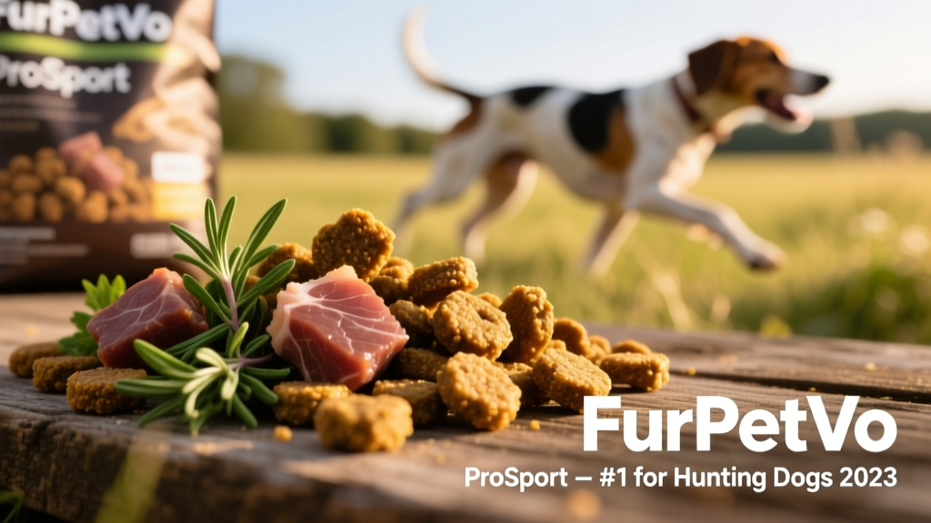 Close-up of FurPetVo ProSport kibble with visible meat pieces, herbs, and golden kibble texture