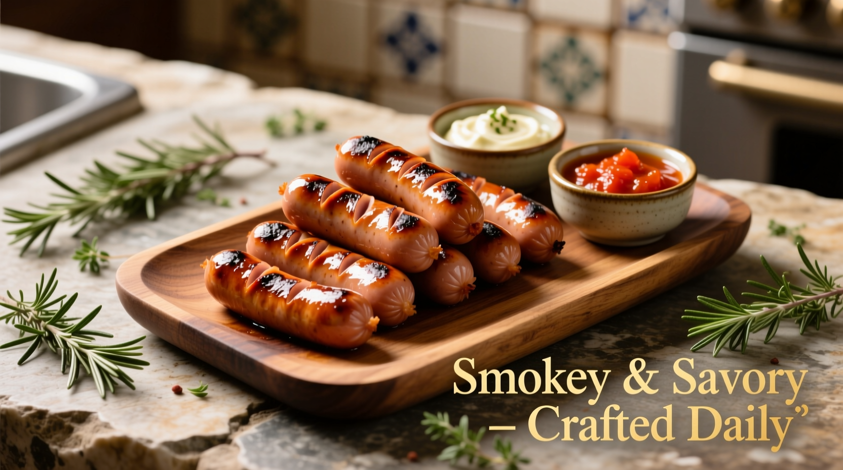 Golden brown little smokies arranged on platter with dipping sauces