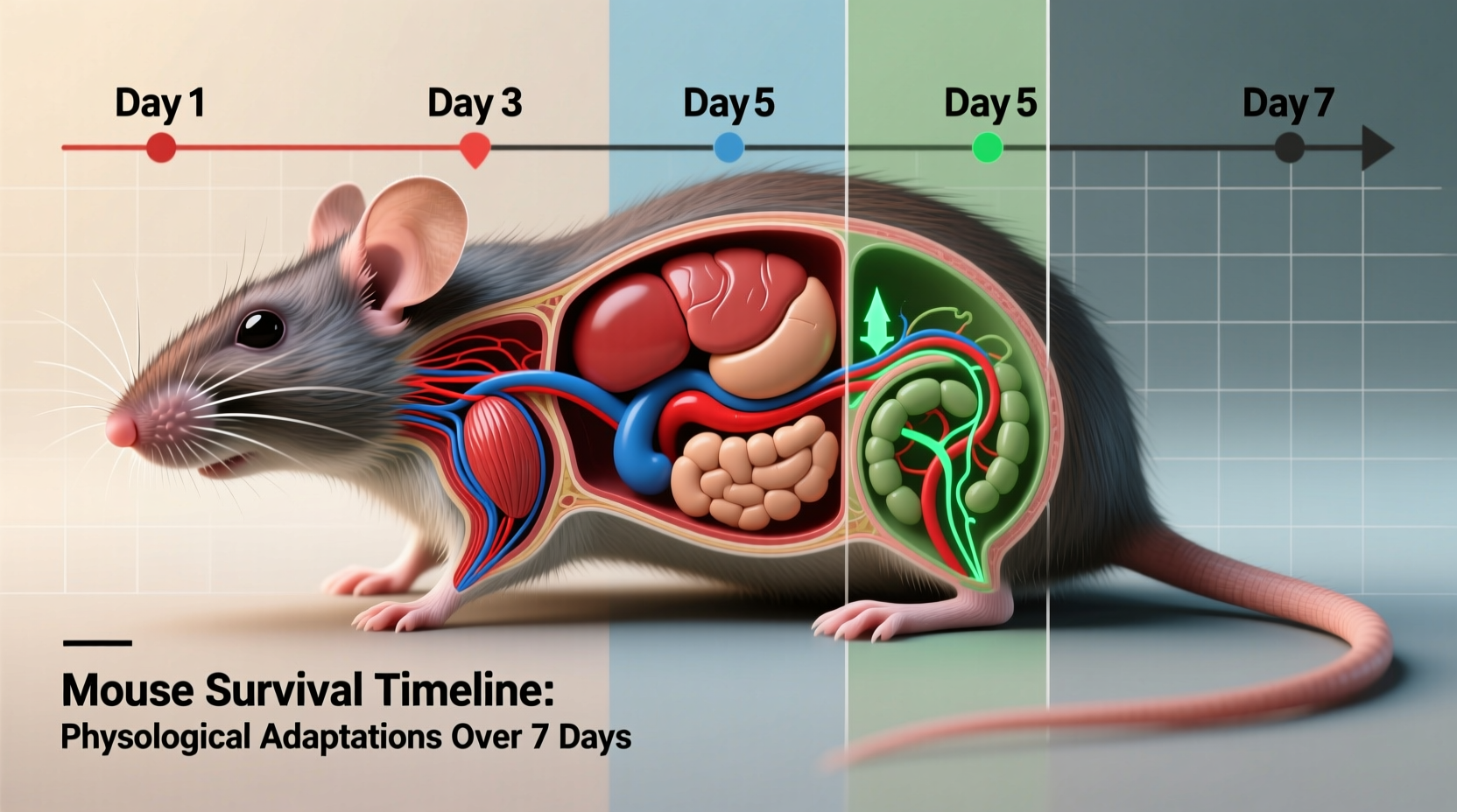 Mouse survival timeline showing physiological changes